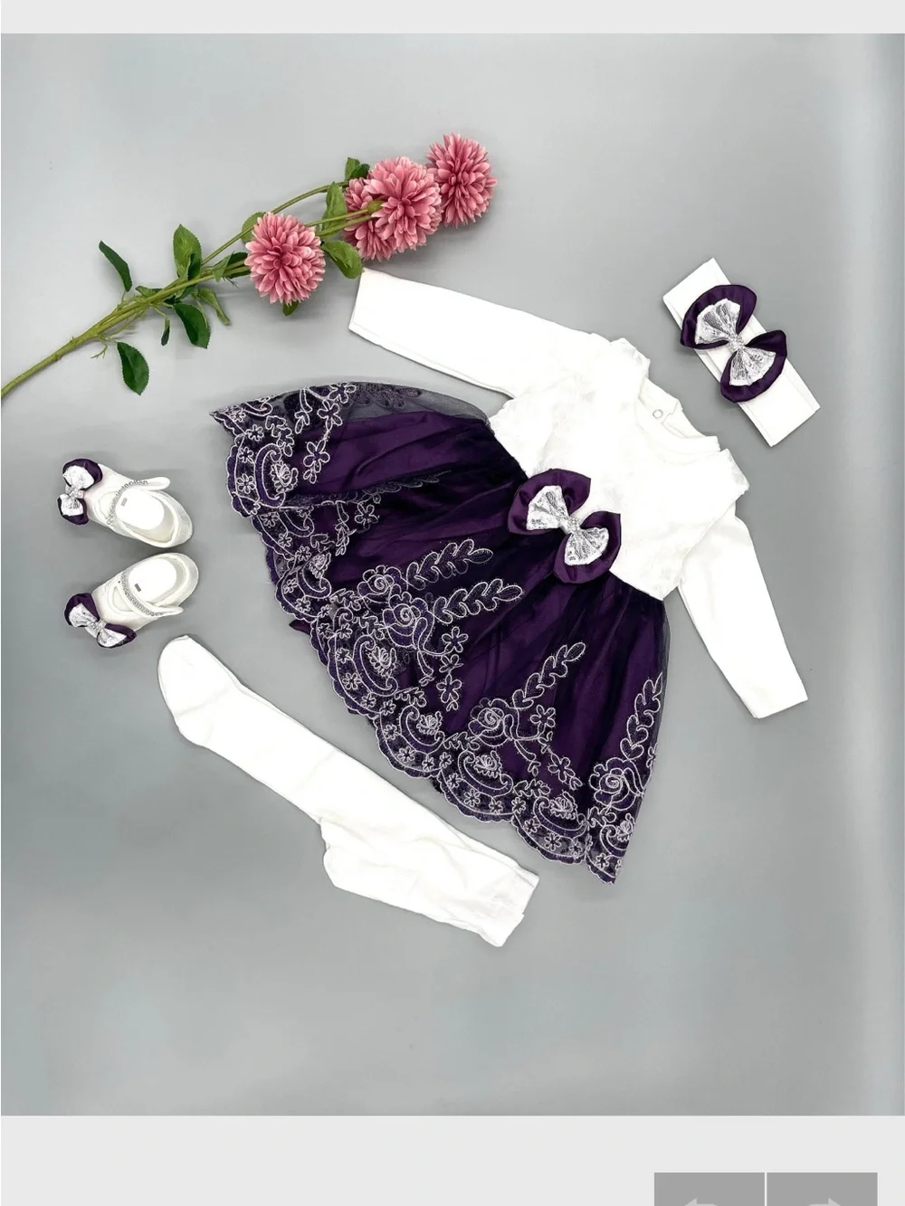 Purple & White Lace Bow Baby Dress Set